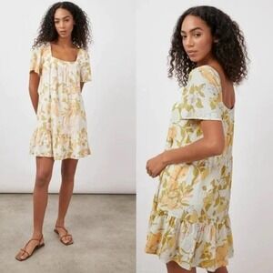 Rails Valentina Citrus Floral Square Neck Tiered Mini Dress WOMEN LARGE BABYDOLL